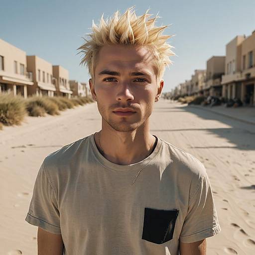 Young Man with Bleached Spiky Hair on Sandy Urban Street
