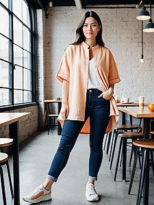 Stylish Woman in Casual Peach Shirt and Jeans in Modern Cafe