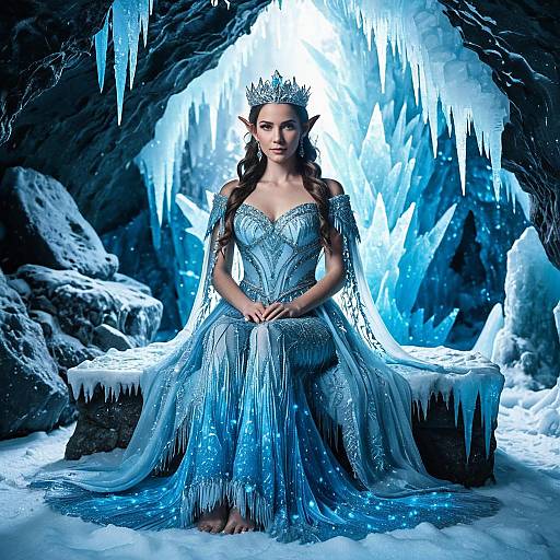 Ice Queen in Blue Gown Sitting in Frozen Cave with Icicles