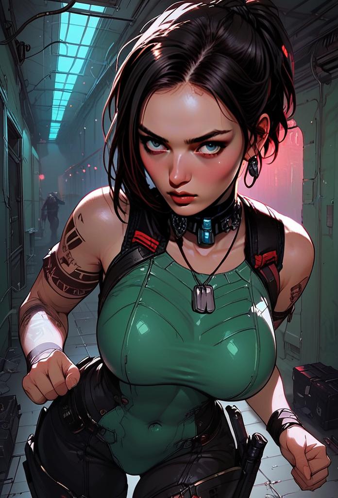 Determined Woman in Tactical Gear - Cyberpunk Aesthetic