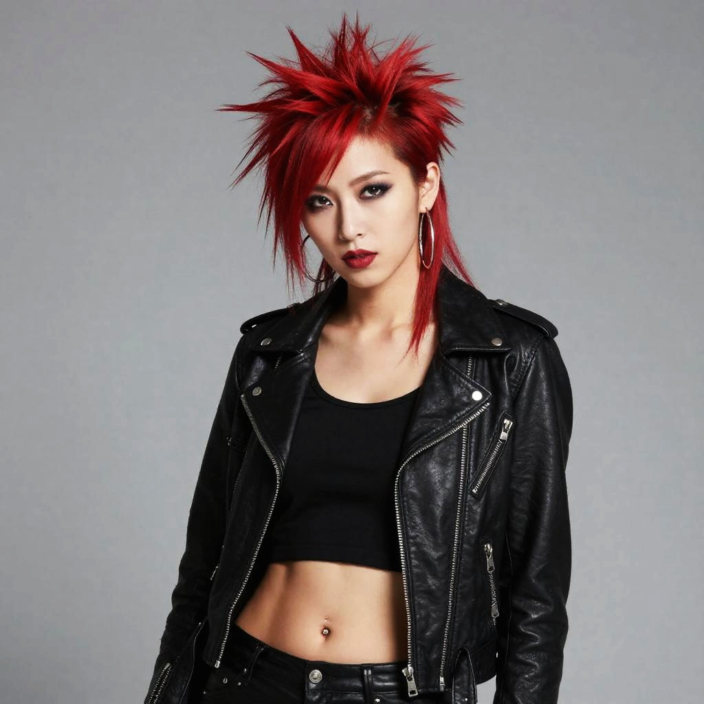 Punk Rock Woman with Red Spiked Hair in Leather Jacket