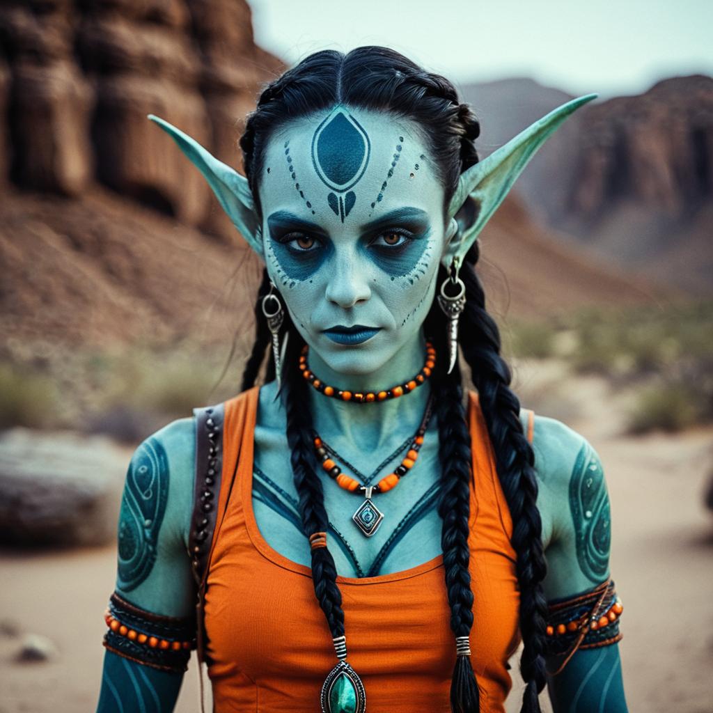 Realistic Fantasy Elf Woman with Blue Body Paint and Tribal Tattoos in Desert