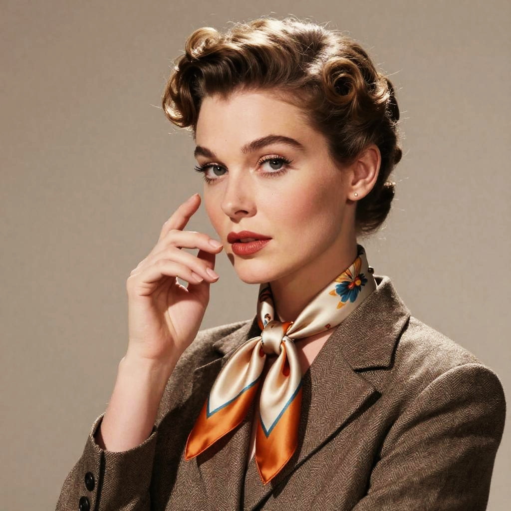 Vintage Style Portrait of Woman with Finger Waves and Silk Scarf