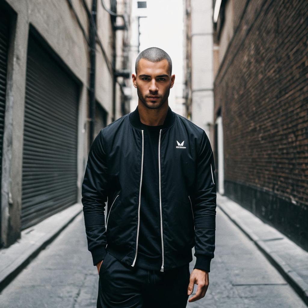 Modern Urban Street Style Portrait of Young Man in Black Bomber Jacket