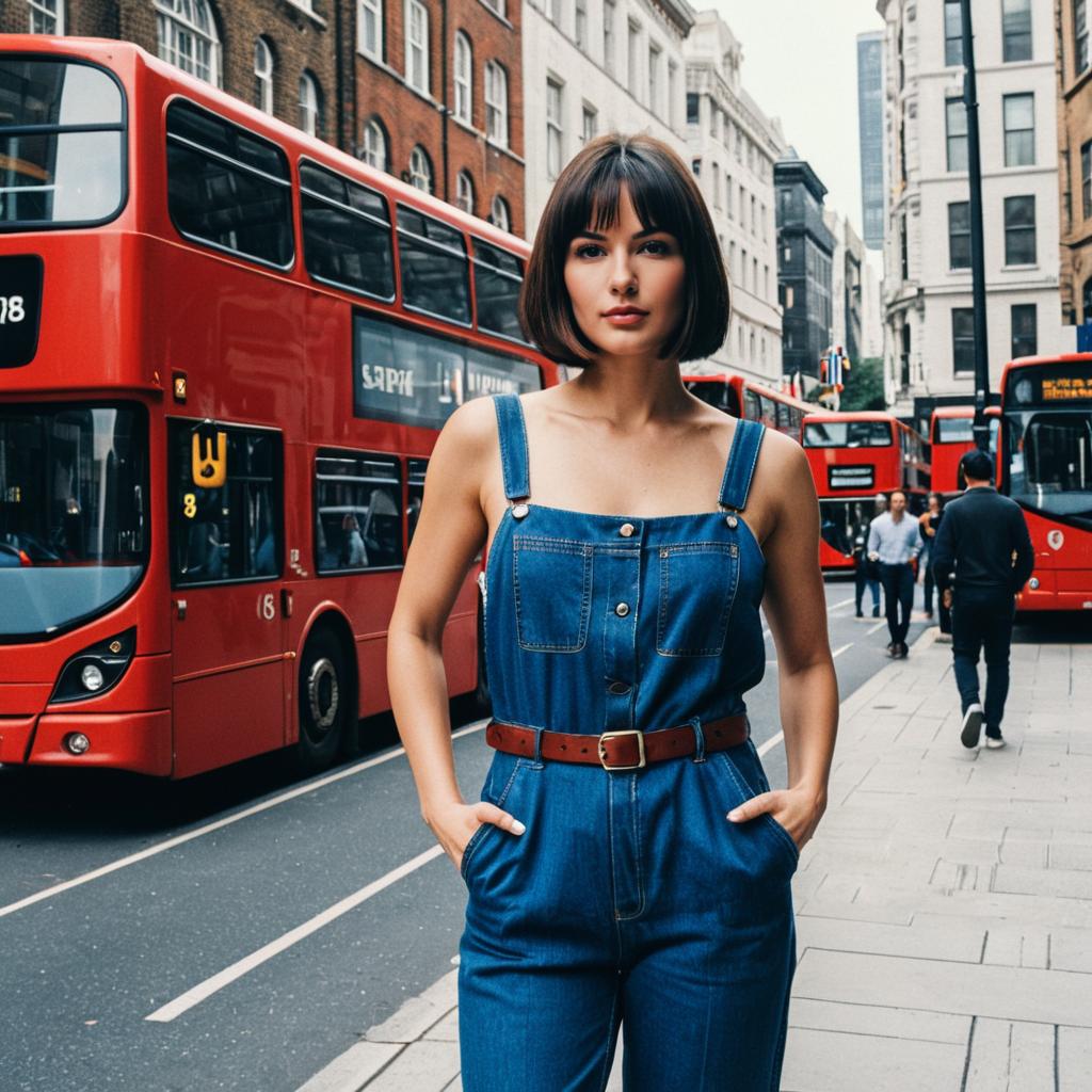 Young Woman in Denim Jumpsuit on London Street with Red Double-Decker Buses