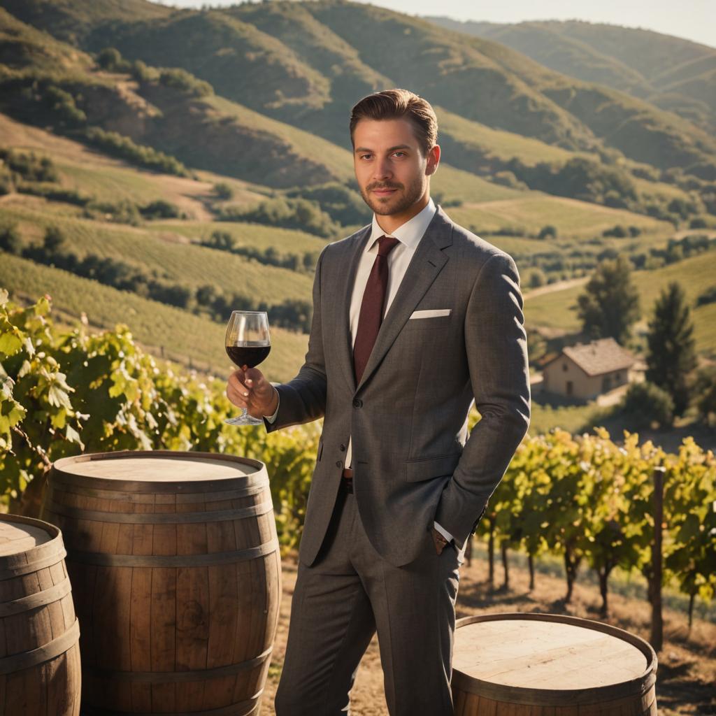 Man in Tailored Suit with Wine in Vineyard