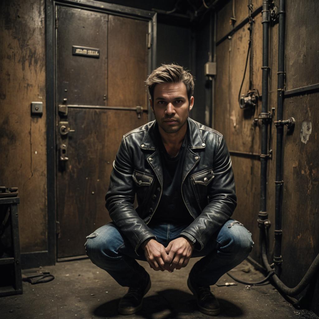 Intense Man in Leather Jacket in Gritty Corridor