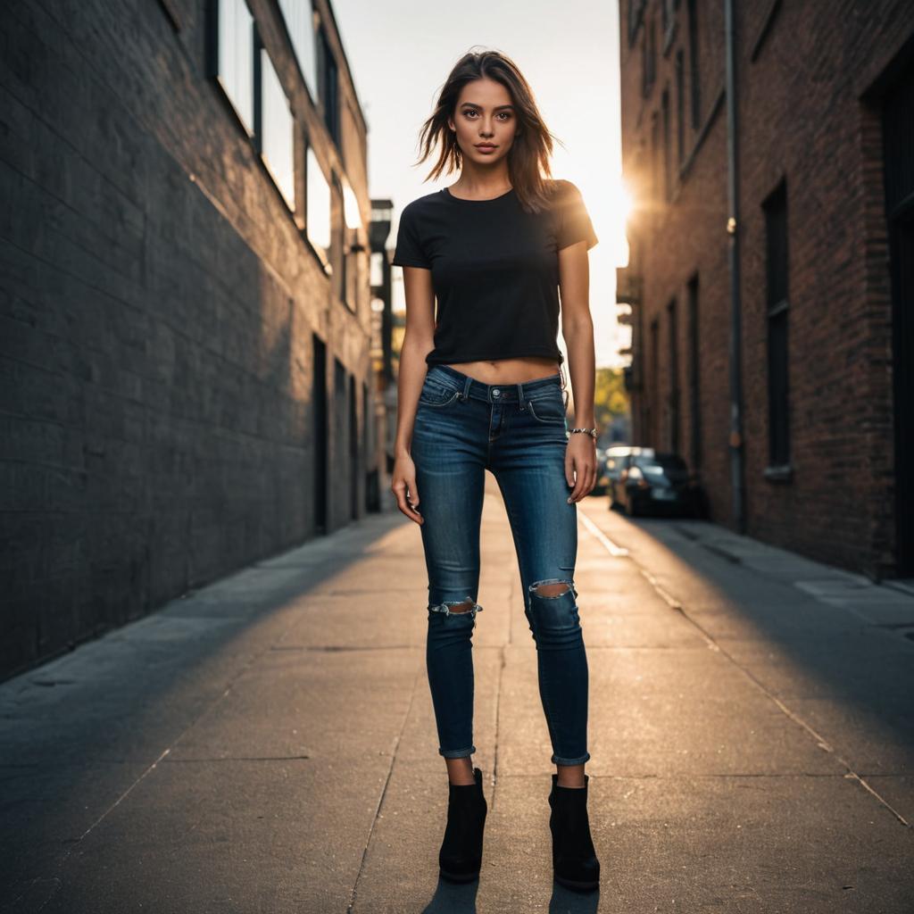 Confident woman in skinny jeans and black boots on urban street at sunset