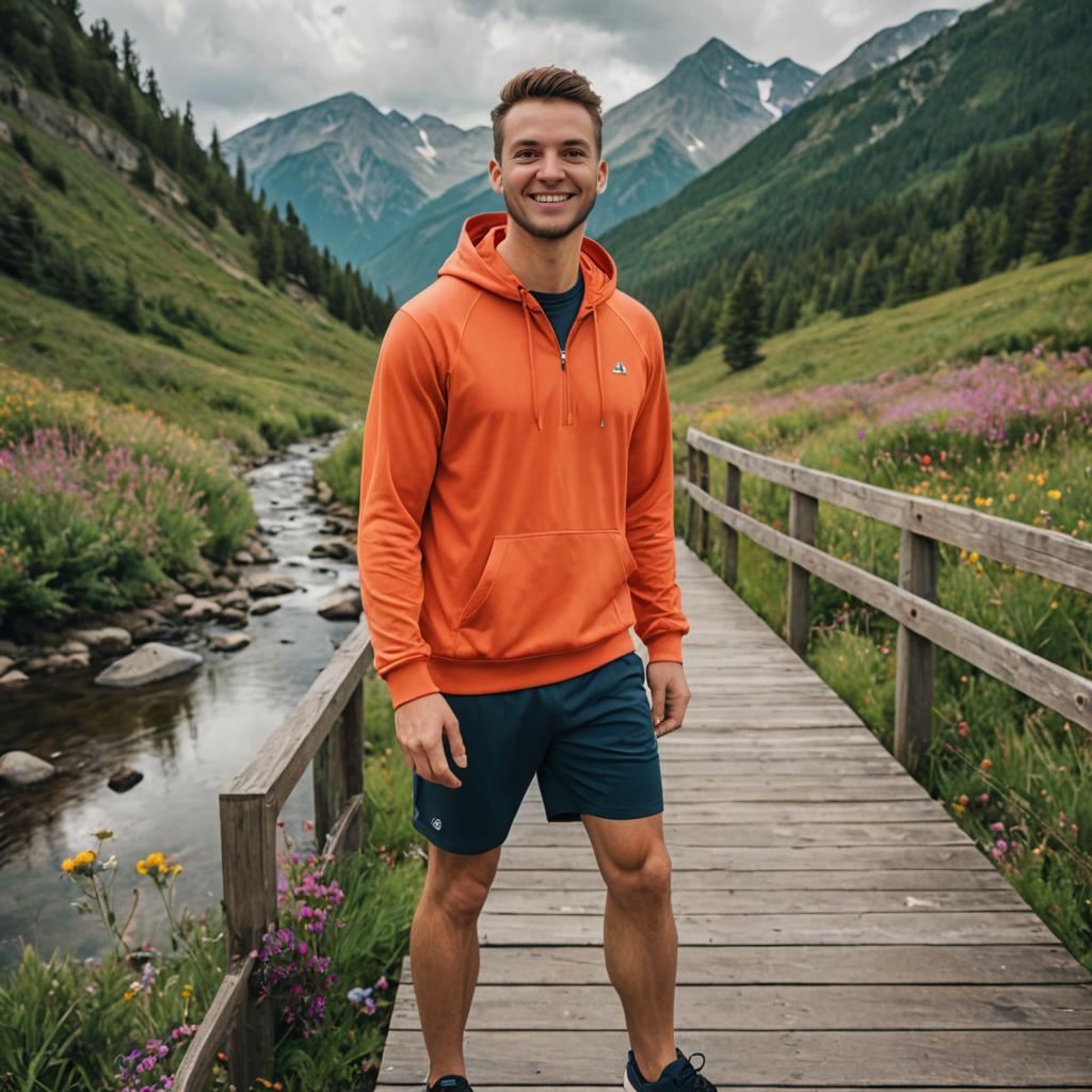 Smiling Man in Athletic Wear on Scenic Bridge