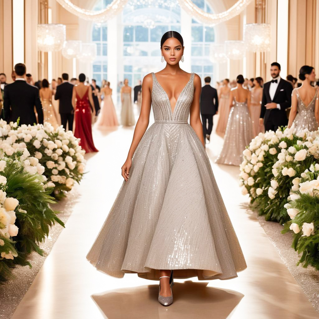 Elegant woman in shimmering gown at opulent ballroom