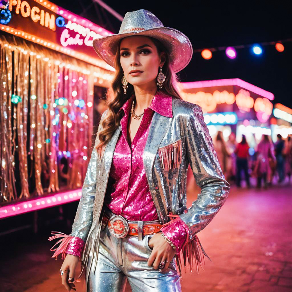 Stylish Woman at Night Fair in Silver and Pink Outfit