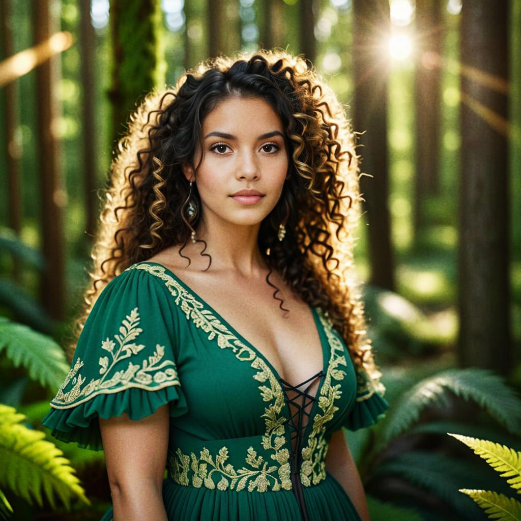 Woman in Green Dress with Curls in Forest