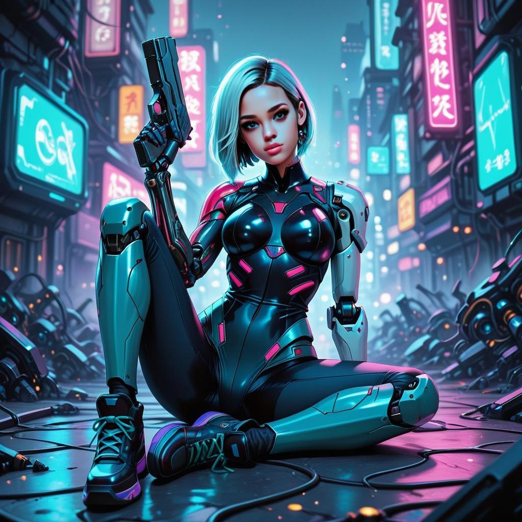 Futuristic Cybernetic Woman in Neon City