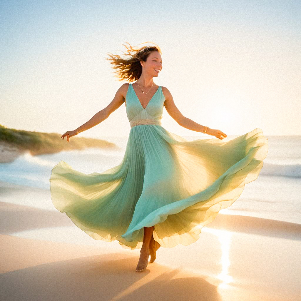 Joyful Woman Twirling in Mint Green Dress on Beach