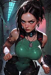 Determined Woman in Tactical Gear - Cyberpunk Aesthetic