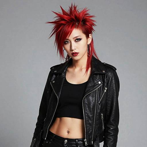 Punk Rock Woman with Red Spiked Hair in Leather Jacket