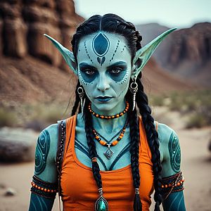 Realistic Fantasy Elf Woman with Blue Body Paint and Tribal Tattoos in Desert