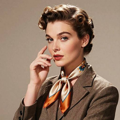 Vintage Style Portrait of Woman with Finger Waves and Silk Scarf