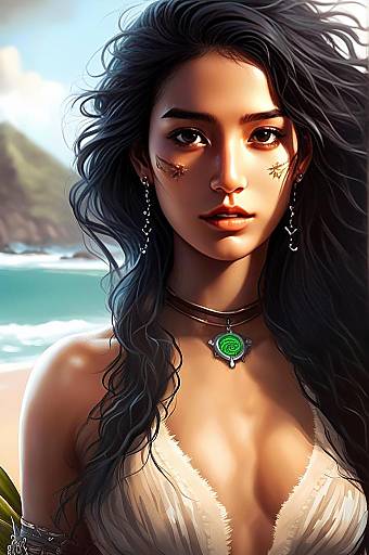 Beautiful Digital Portrait of Woman with Tribal Face Paint on Beach