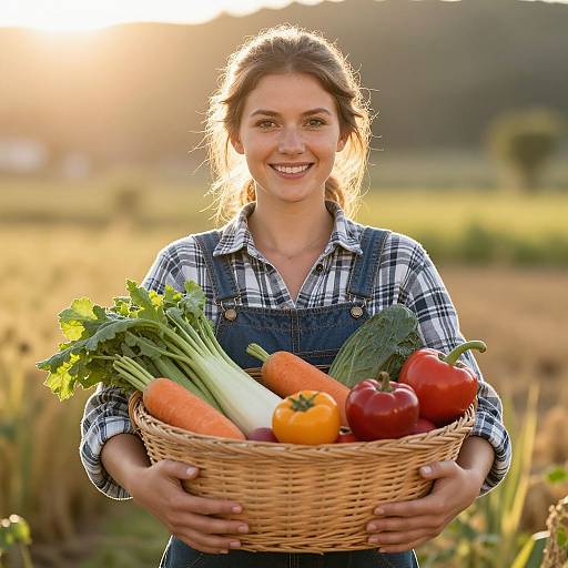 Young Woman Holding Basket of Fresh Vegetables in Sunlit Field