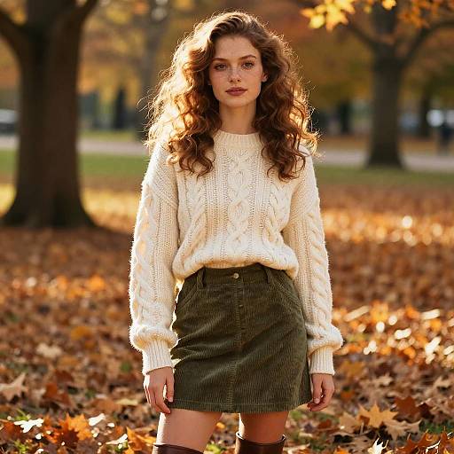 Young Woman Wearing Cozy Sweater and Corduroy Skirt in Autumn Park