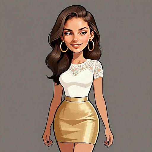 Stylized Illustration of Woman with Pretty Hair Wearing White Lace Top and Gold Skirt