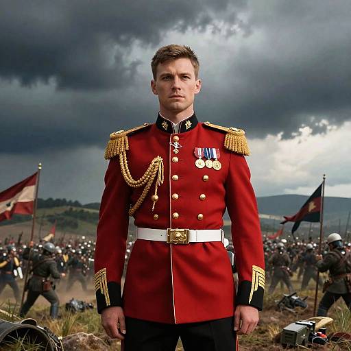 Young Military Officer in Red Dress Uniform with Battlefield Background