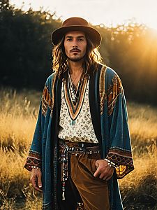 Man in Bohemian Style Outfit Outdoor Portrait at Golden Hour