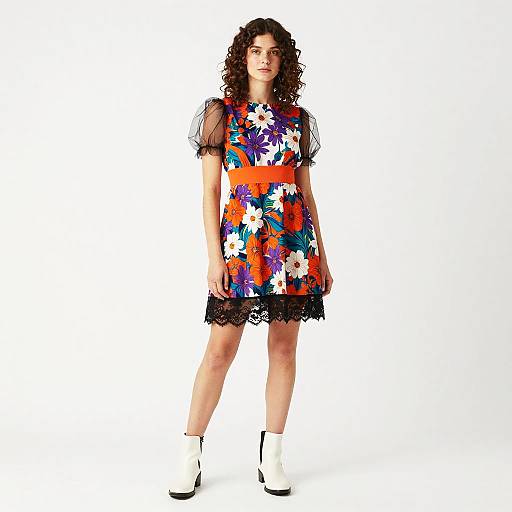 Trendy Gen Z Floral Dress with Sheer Sleeves and White Ankle Boots