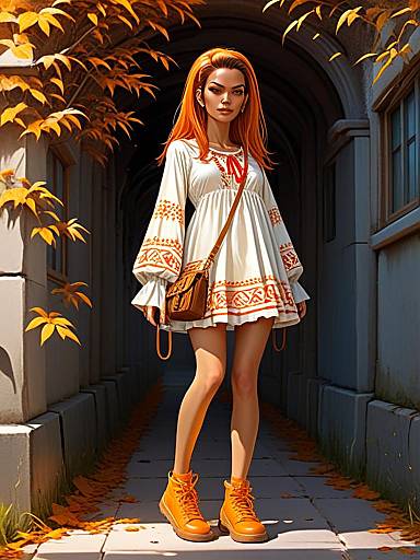 Bohemian Woman in White Dress with Orange Feather Pattern and Autumn Boots
