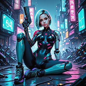 Futuristic Cybernetic Woman in Neon City