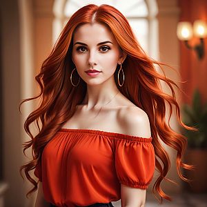 Young Woman with Red Hair in Elegant Off-the-Shoulder Blouse