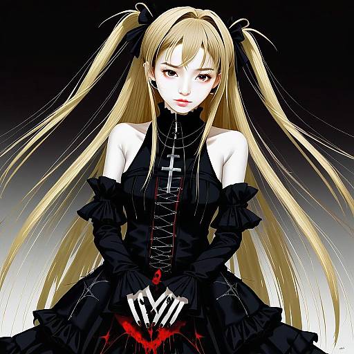 Gothic Anime Girl with Long Blonde Twin-Tails in Black Dress