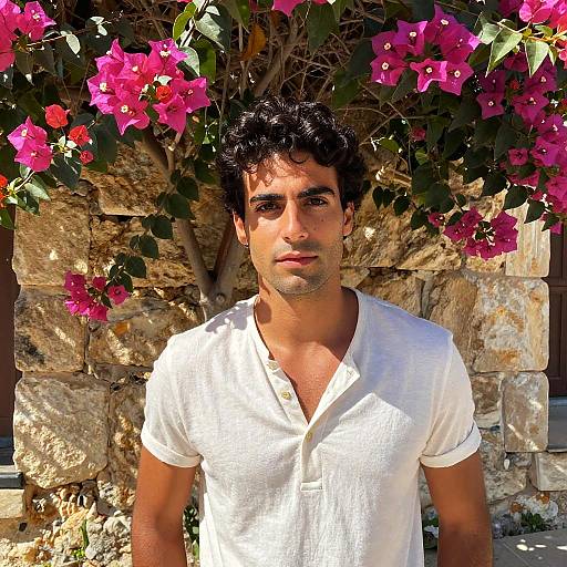 Young Man Standing by Stone Wall with Pink Bougainvillea Flowers