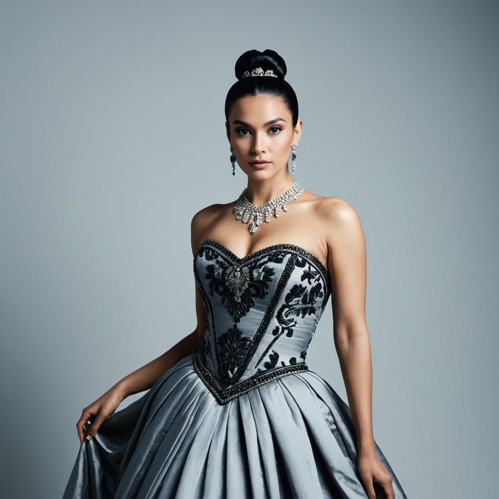Elegant Woman in Embroidered Silver Ball Gown with Jewelry