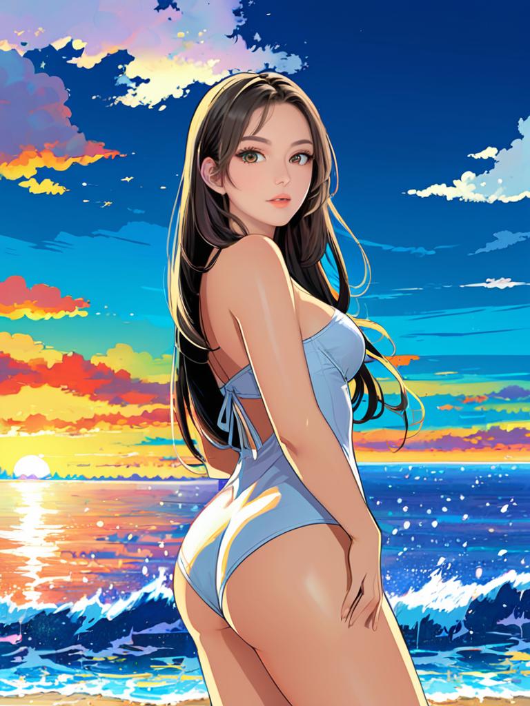 Anime Woman in Swimsuit at Sunset