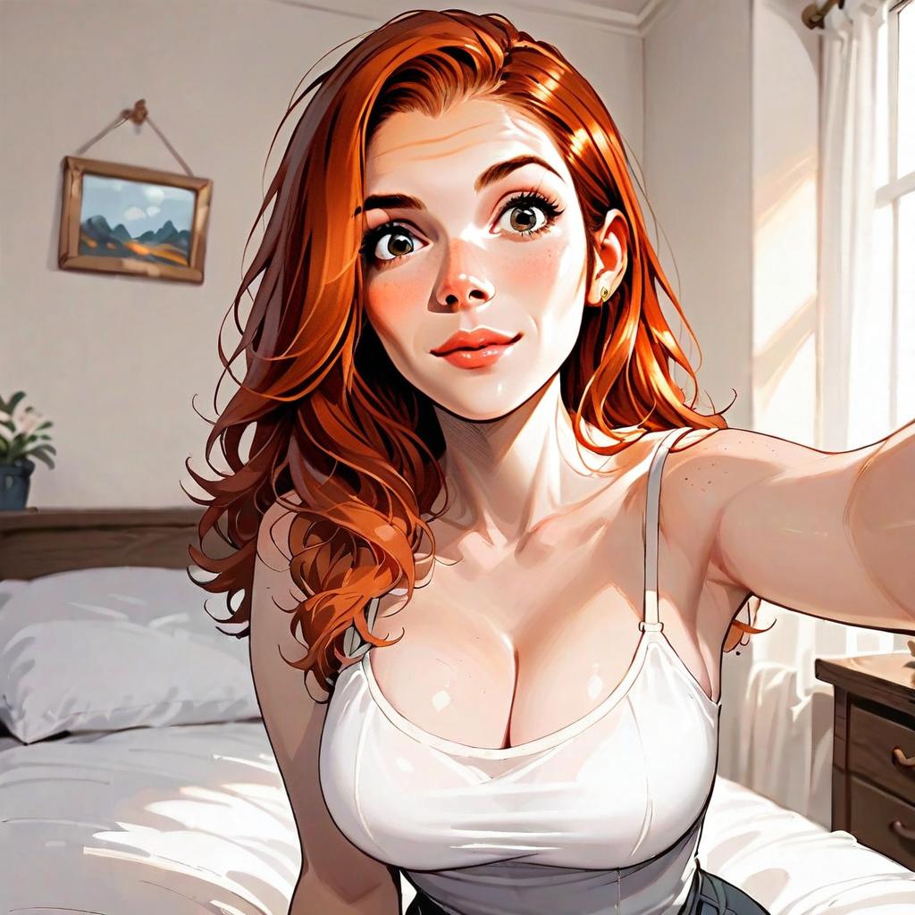 Red-Haired Woman Taking Selfie in Sunlit Bedroom Digital Illustration