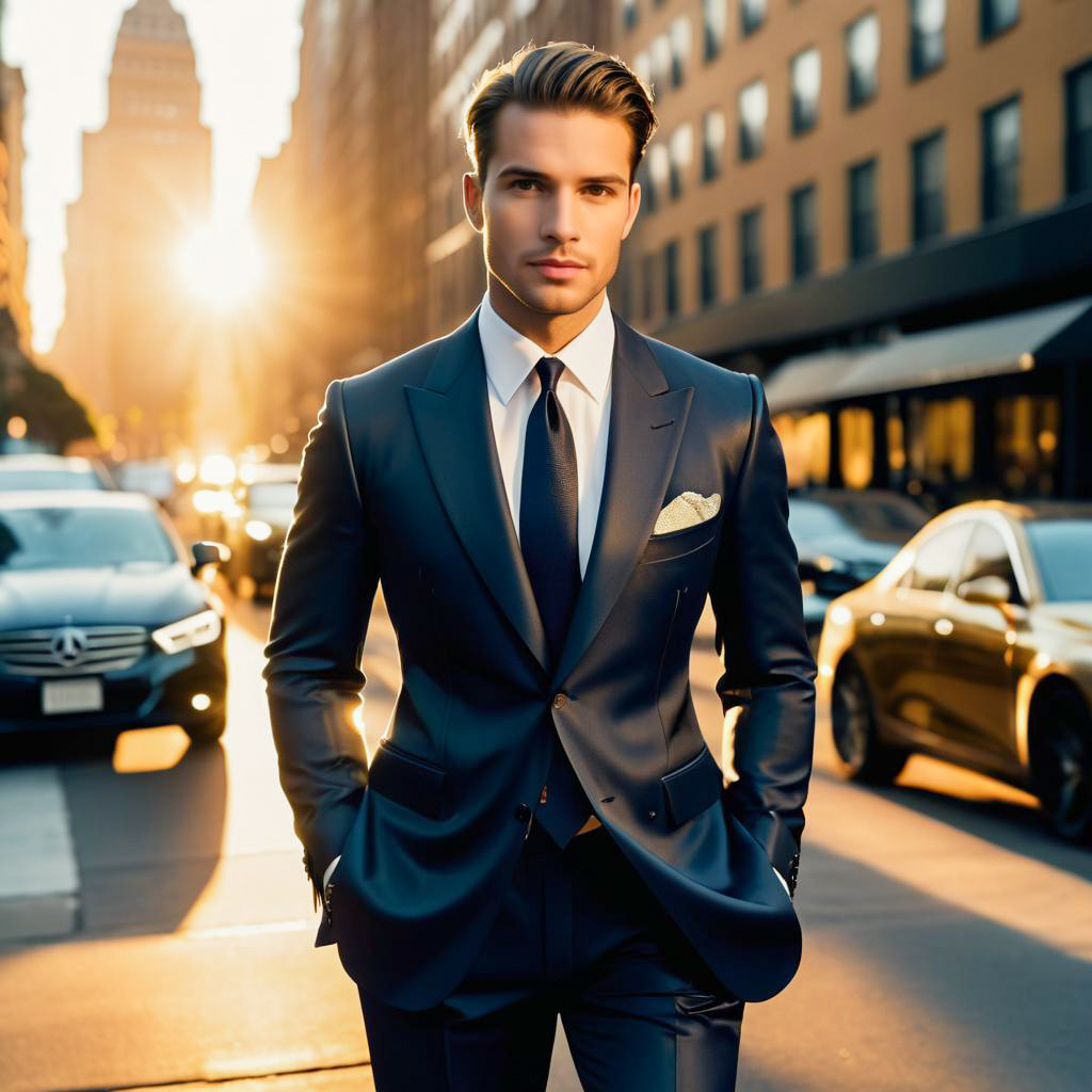 Confident Young Man in Stylish Suit at Sunset