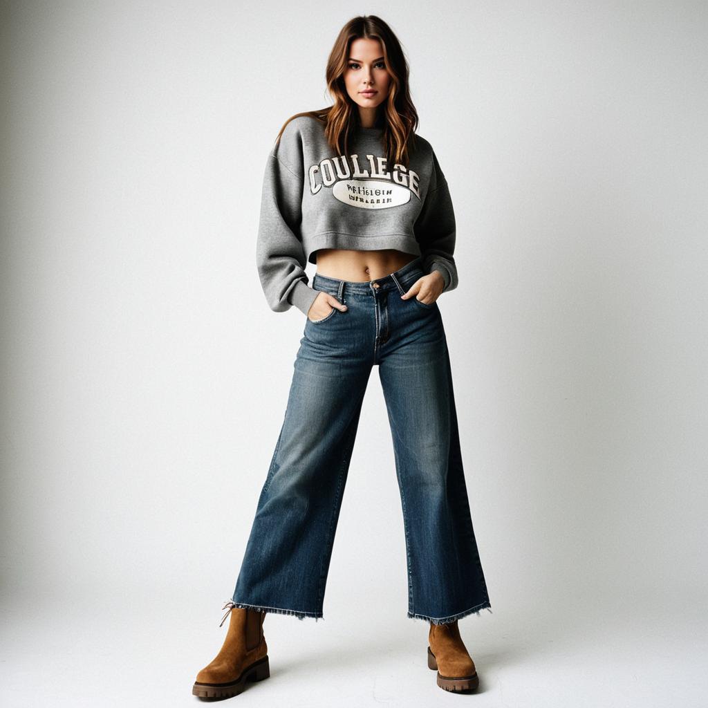 Woman in Cropped College Sweatshirt and Wide-Leg Jeans Casual Outfit