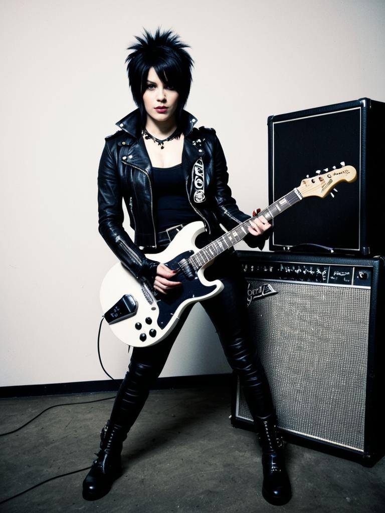Woman in Joan Jett Outfit Full Body Cosplay with Electric Guitar