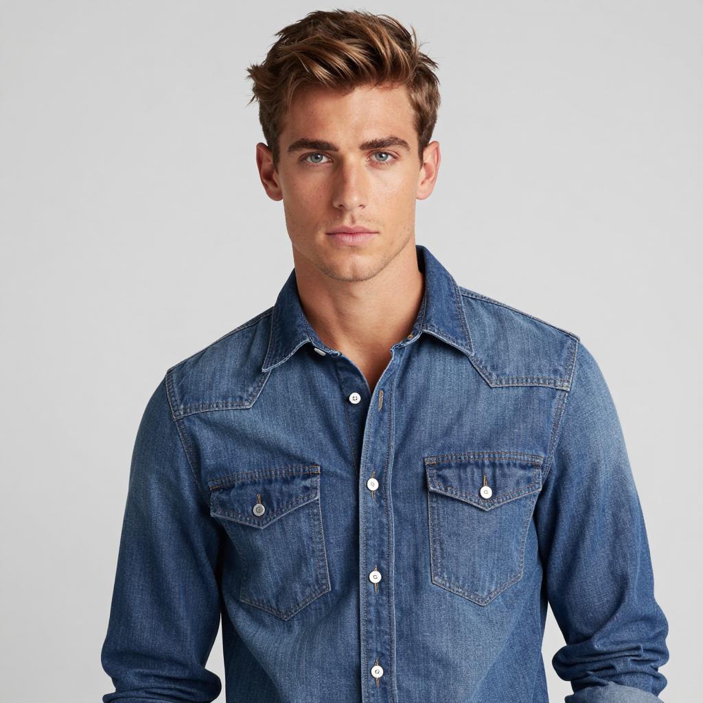 Young Man Wearing Classic Denim Shirt Gen Z Style