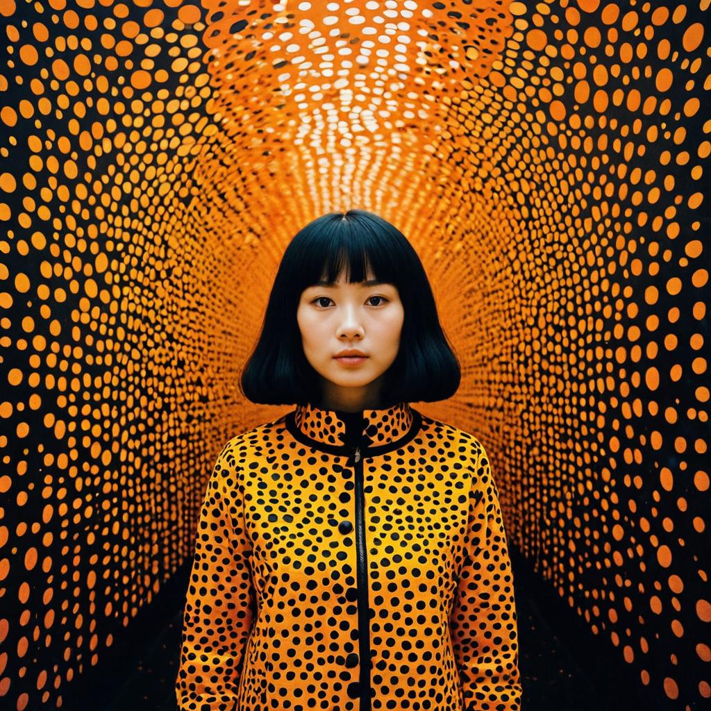 Woman in Polka Dot Tunnel Wearing Matching Orange Black Jacket