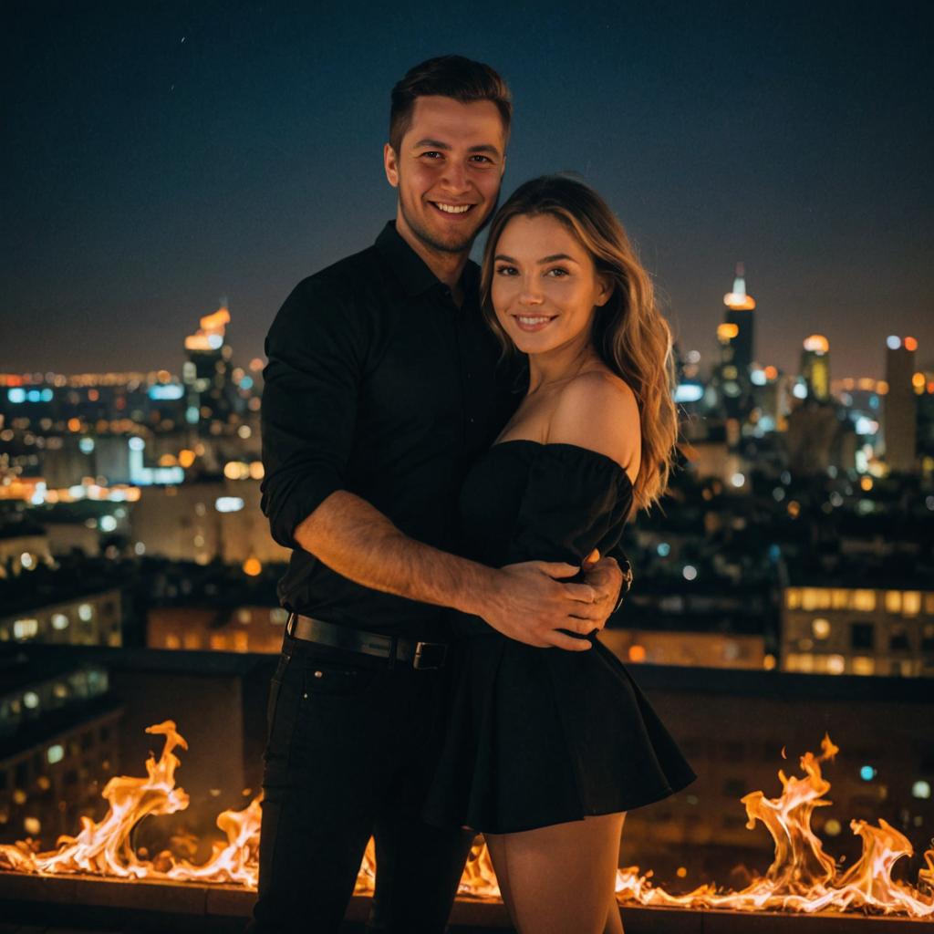 Artistic Couple Embracing with City Skyline and Fire Elements