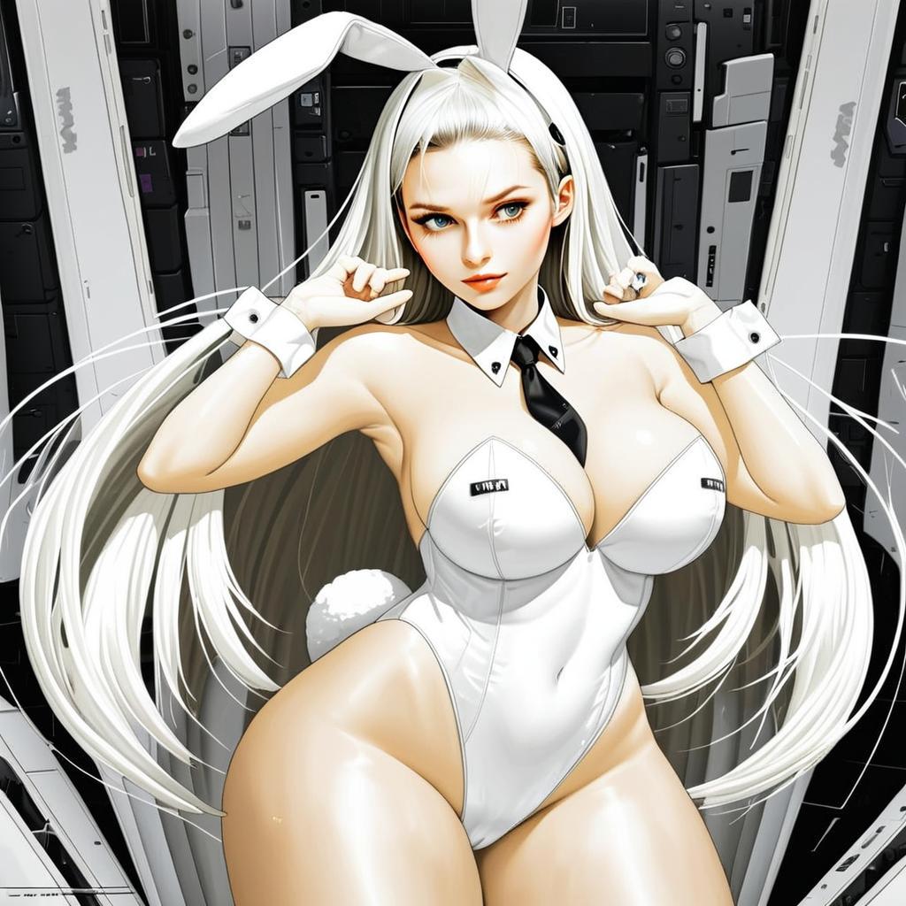 Anime Woman in White Bunny Suit with Long Platinum Hair - Blanc Nikke Style