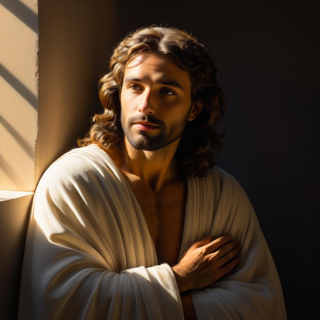 Contemplative Man in Flowing White Garment