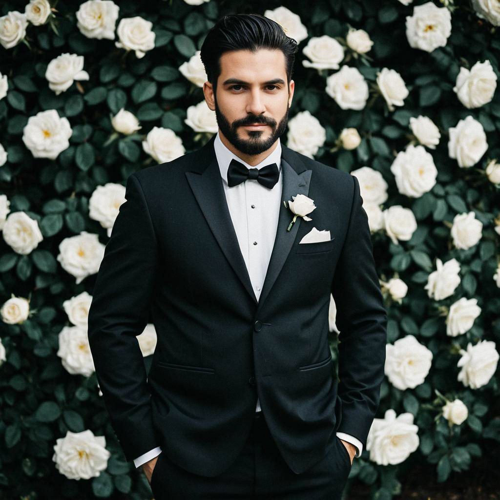 Man in Formal Wedding Attire with White Roses