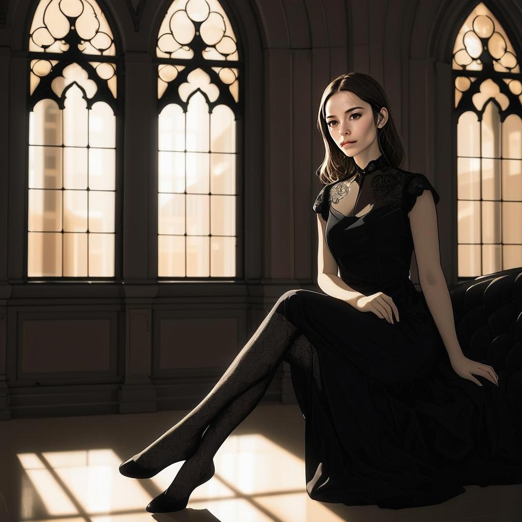 Elegant Woman in Black Dress by Gothic Windows Elegant Woman in Black Dress by Gothic Windows