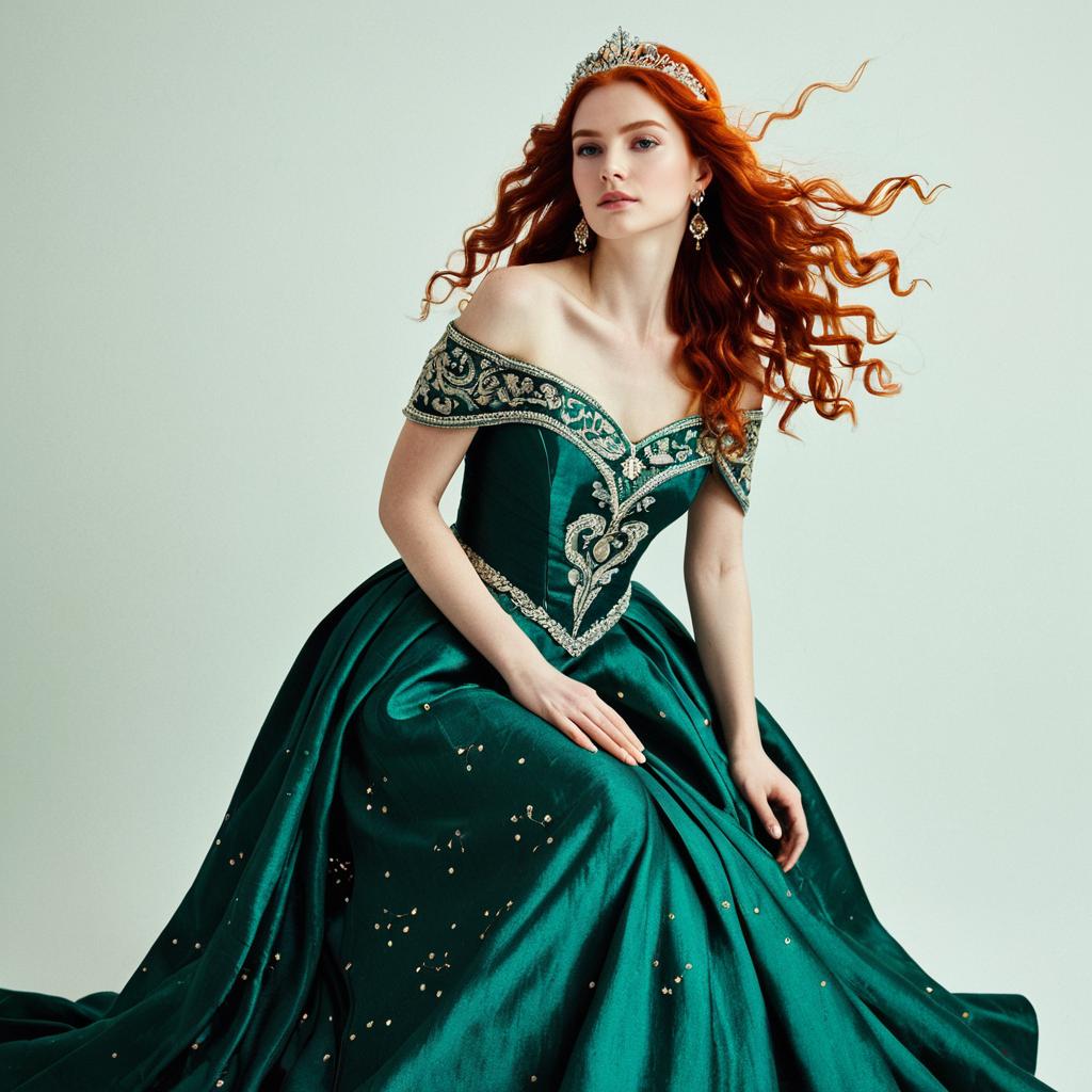 Elegant Red-Haired Woman in Emerald Green Embroidered Ball Gown