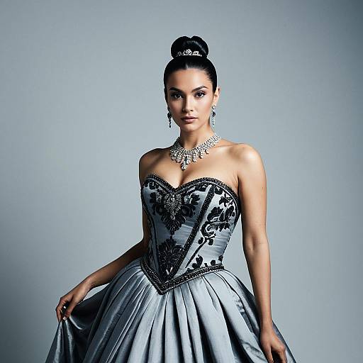 Elegant Woman in Embroidered Silver Ball Gown with Jewelry