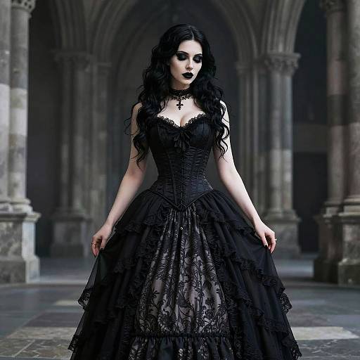 Gothic Victorian Woman in Black Corset Dress in Historic Stone Hallway
